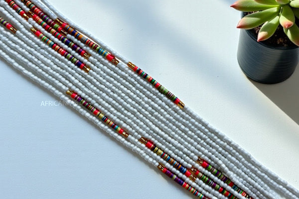 Waist Beads / African Hip Chain - Osi - White / gold (Traditional non-elastic string)