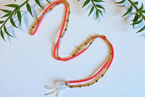 Waist Beads / African Hip Chain - Osatome - Coral pink-red with gold (Traditional non-elastic string)