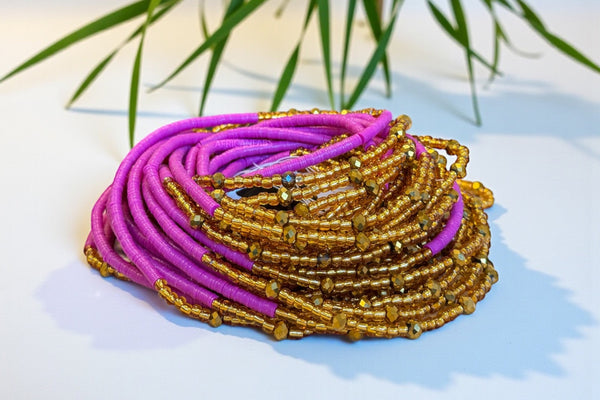 Waist Beads / African Hip Chain - Kelso - Purple / gold (Traditional non-elastic string)