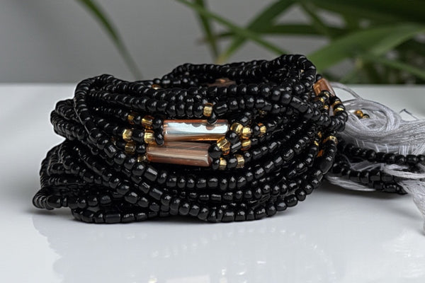 3 in 1 Waist Beads / African Hip Chain - Obasogie - Black (Traditional non-elastic string)