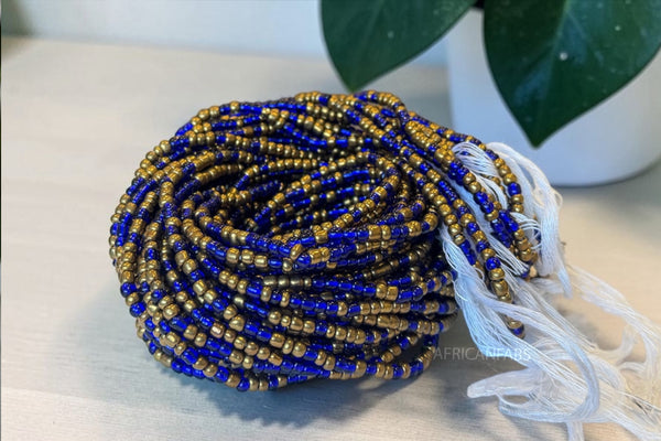 Waist Beads / African Hip Chain - Blue Gold Ajoke (Traditional non-elastic string)