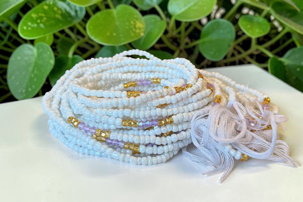 Waist Beads / African Hip Chain - White Violet Morenike (Traditional non-elastic string)