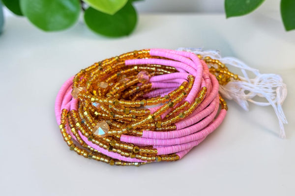 Waist Beads / African Hip Chain - Gold Pink Crystal Adaeze (Traditional non-elastic string)