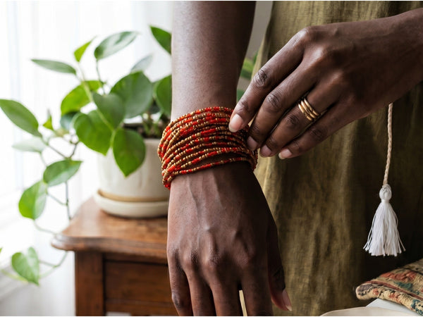 Waist Beads / African Hip Chain - Gold Red Chiamaka (Traditional non-elastic string)