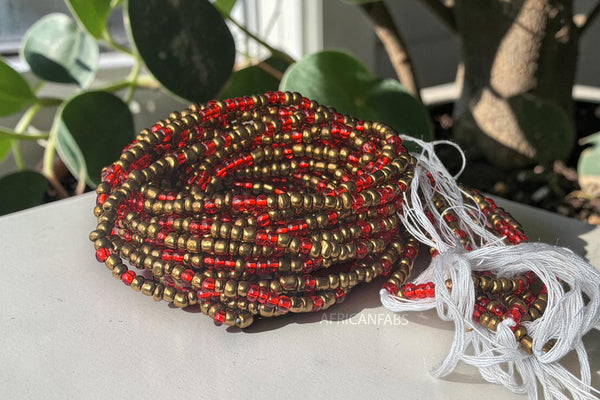 Waist Beads / African Hip Chain - Gold Red Chiamaka (Traditional non-elastic string)
