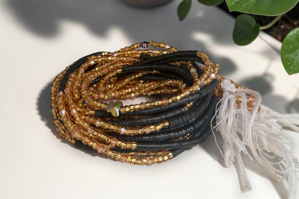 Waist Beads / African Hip Chain - Gold Black Crystal Adenike (Traditional non-elastic string)