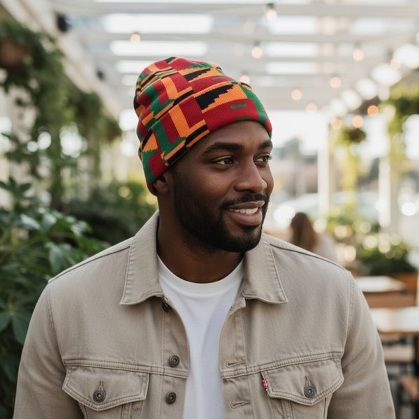 African Print Beanie / Winter hat  - Green Kente