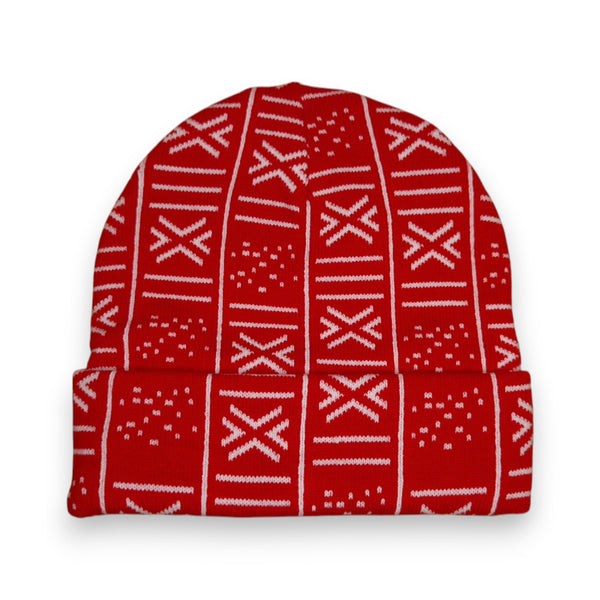 African Print Beanie / Winter hat  - Red White Bogolan