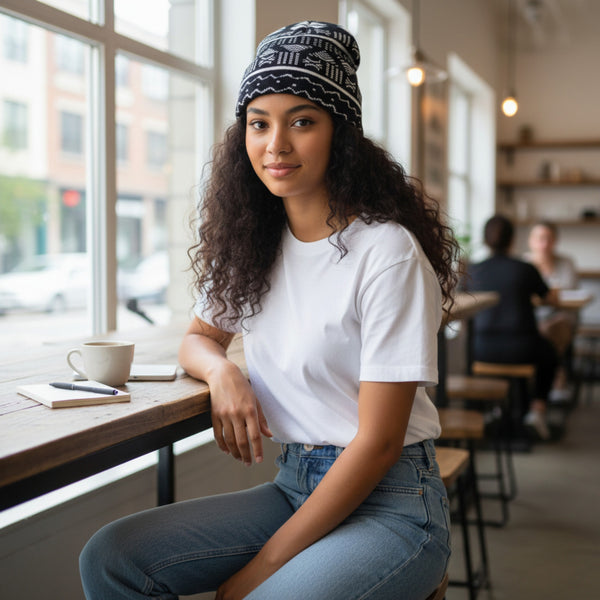 African Print Beanie / Winter hat  - Black White Bogolan