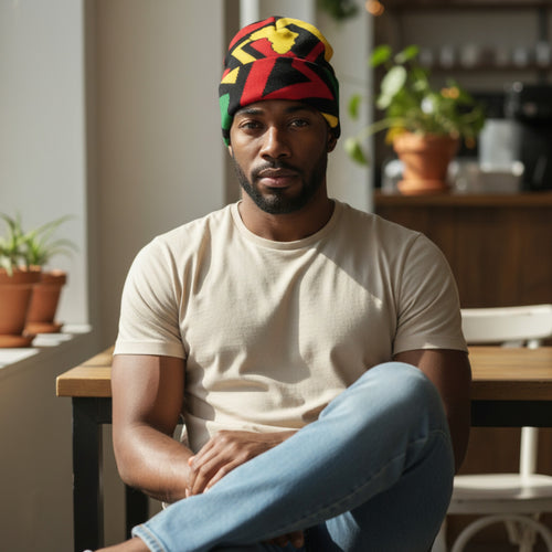 African Print Beanie / Winter hat  - Green Yellow Red Pan Africa