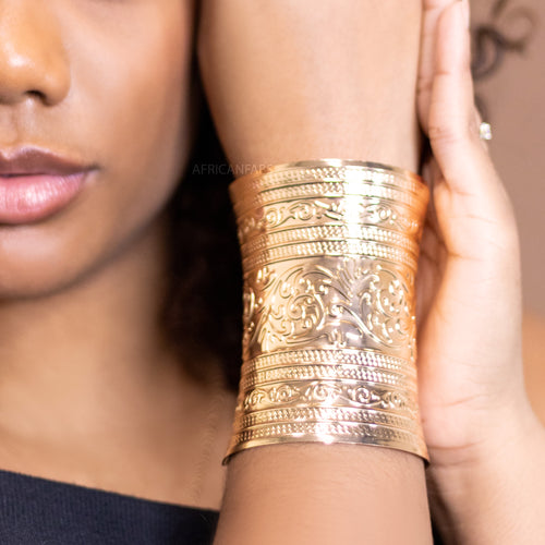 African style Bangle Cuff Bracelet - Flower - Gold