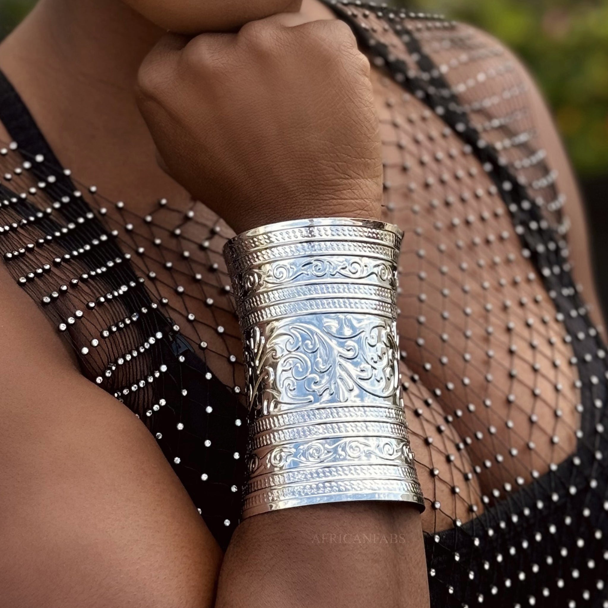 African style Bangle Cuff Bracelet - Flower - Silver