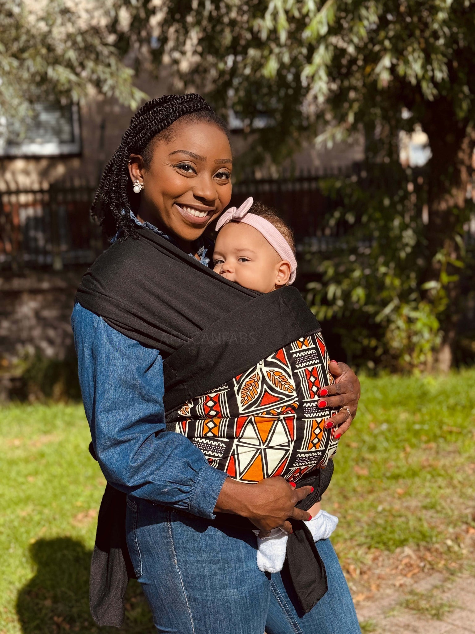 African Print Baby Carrier / Baby sling / baby wrap - Red & Orange Bogolan Symbols