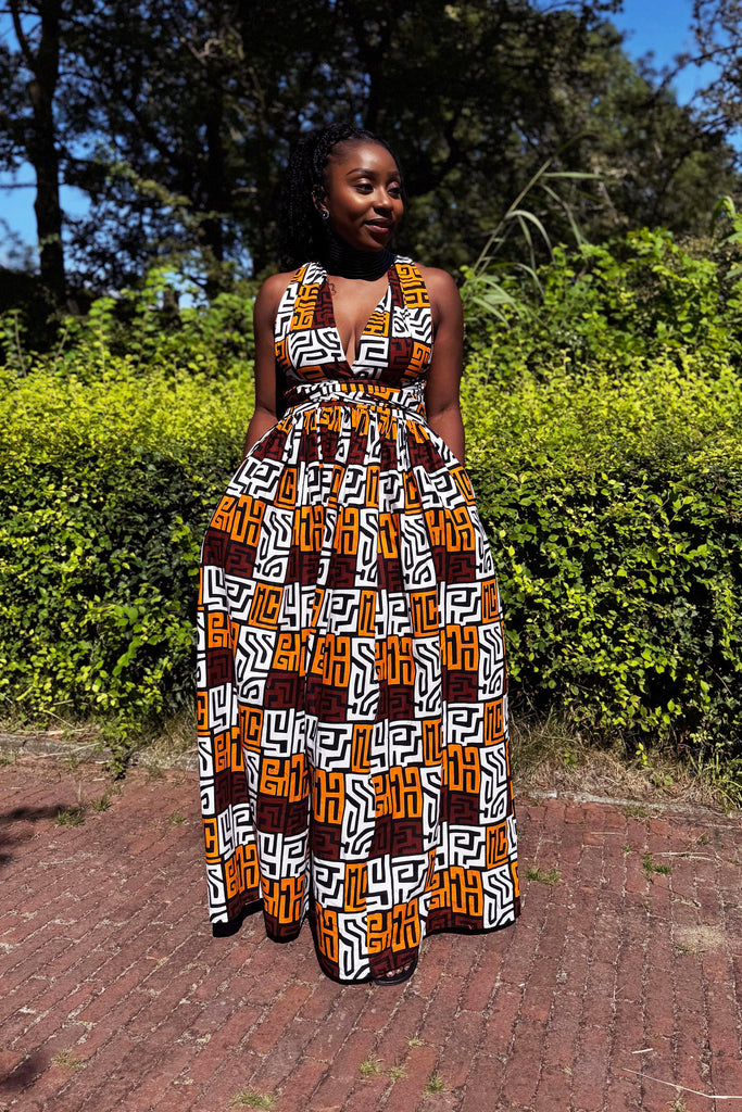 African Print Infinity Multiway Maxi Dress - Brown & Yellow-Orange Kub AfricanFabs African Print Infinity Multiway Maxi Dress - Brown & Yellow-Orange Kub AfricanFabs
