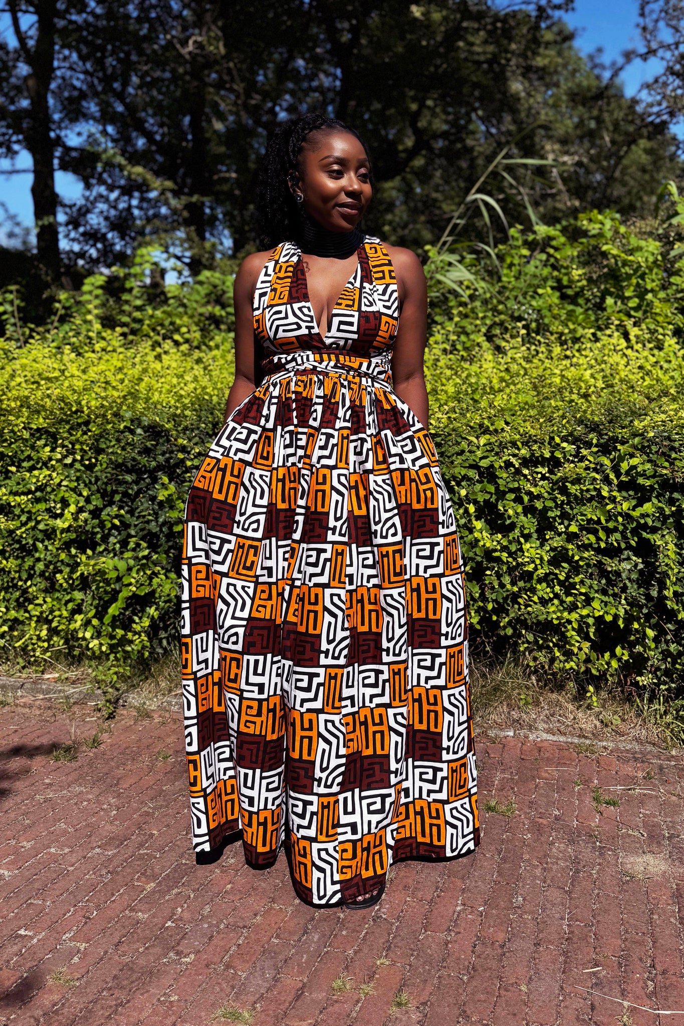 African Print Infinity Multiway Maxi Dress - Brown & Yellow-Orange Kuba Blocks Congo African Print Infinity Multiway Maxi Dress - Brown & Yellow-Orange Kuba Blocks Congo