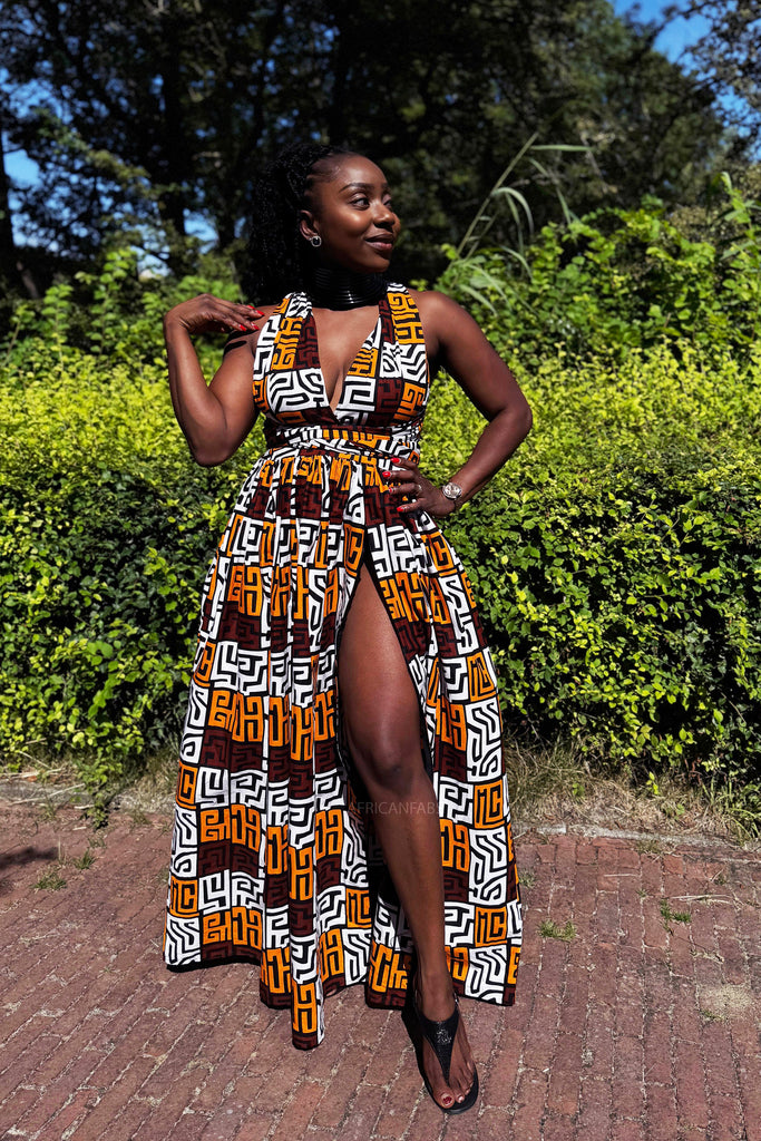 African Print Infinity Multiway Maxi Dress - Brown & Yellow-Orange Kuba Blocks Congo African Print Infinity Multiway Maxi Dress - Brown & Yellow-Orange Kuba Blocks Congo