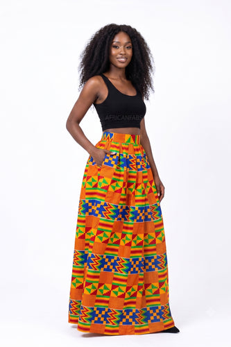 African print maxi skirt - Adjustable slit - Blue Orange Kente