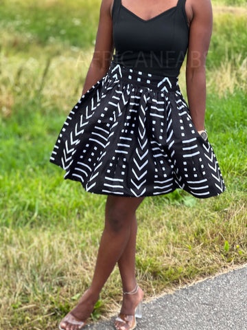 African print mini skirt - Black Bogolan / Mud cloth