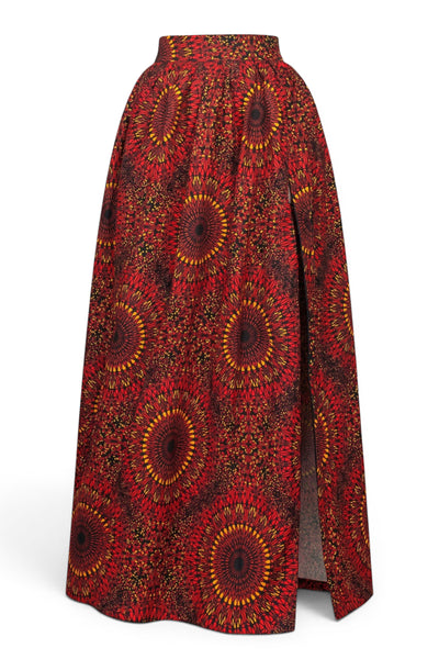 African print maxi skirt - Adjustable slit - Red Sunburst