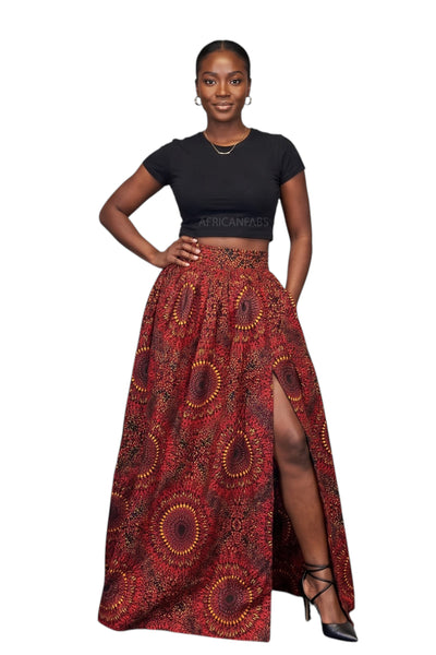 African print maxi skirt - Adjustable slit - Red Sunburst