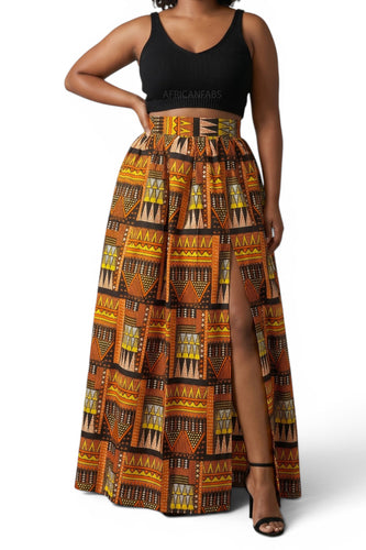 African print maxi skirt - Adjustable slit - Orange Brown Tribal Blocks