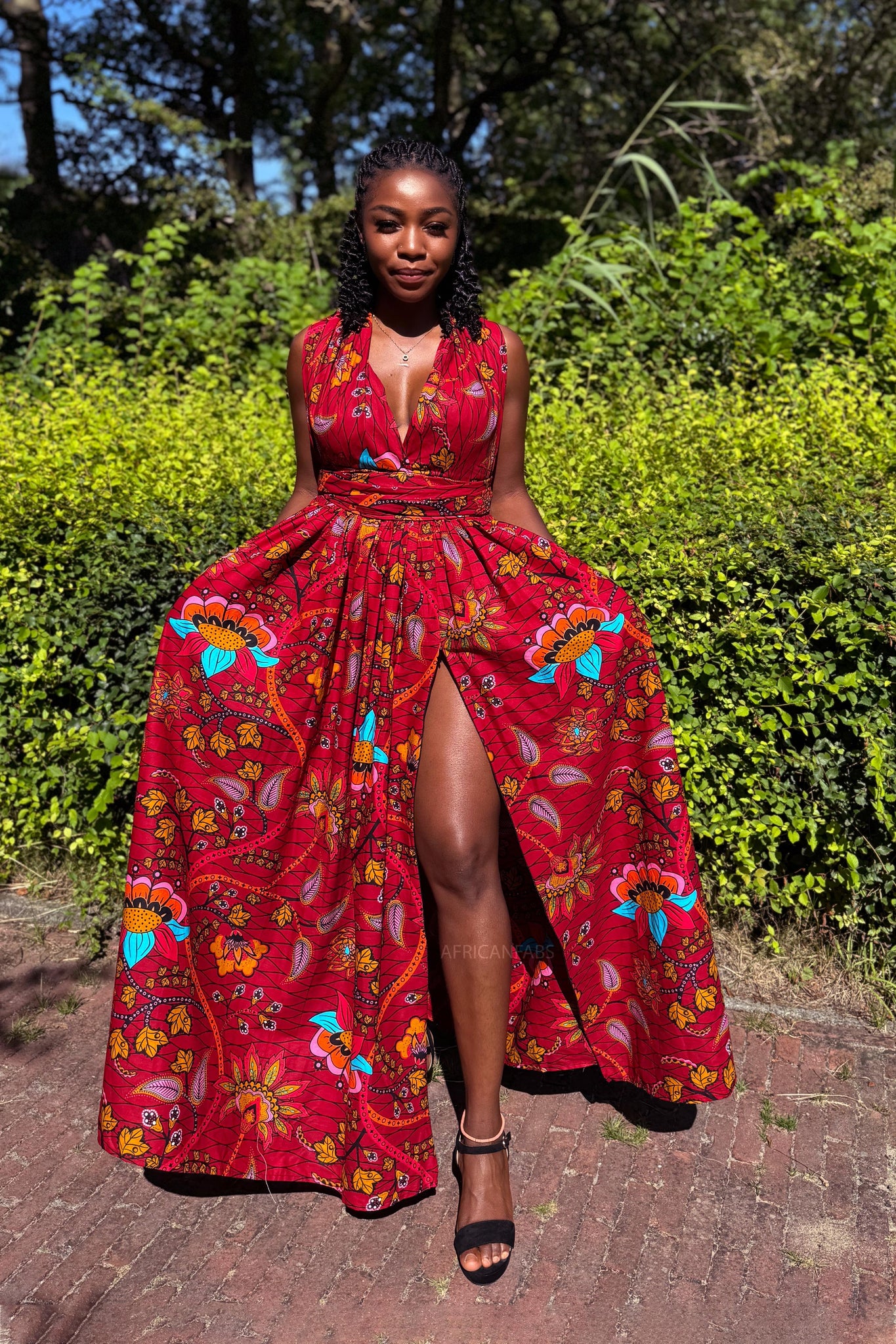 African Print Infinity Multiway Maxi Dress - Dark Red & Yellow Botanical Flower