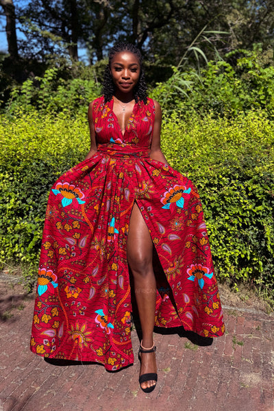 African Print Infinity Multiway Maxi Dress - Dark Red & Yellow Botanical Flower