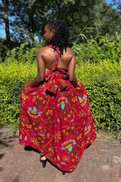 African Print Infinity Multiway Maxi Dress - Dark Red & Yellow Botanical Flower