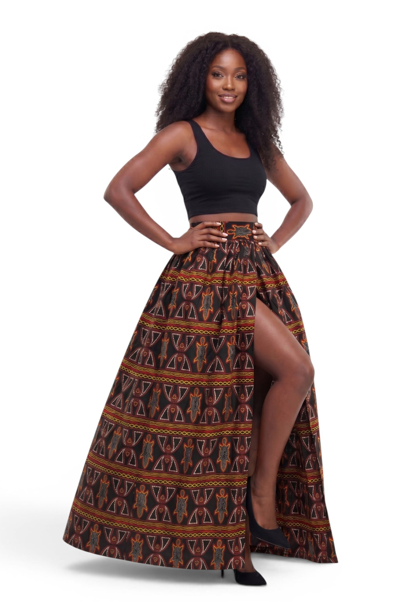 African print maxi skirt - Adjustable slit - Black Red Toghu