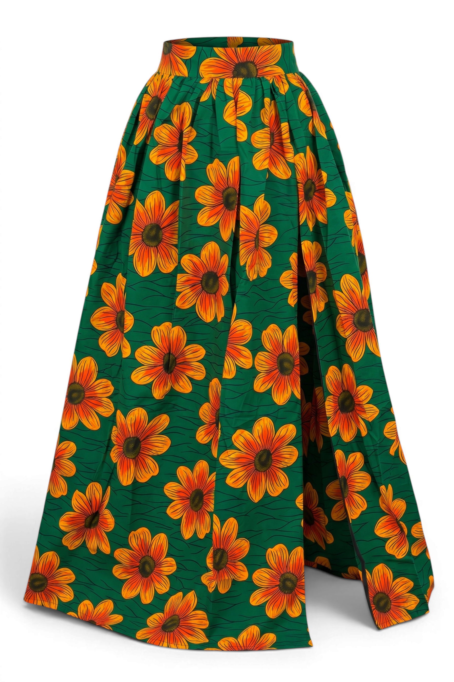 African print maxi skirt - Adjustable slit - Green Orange