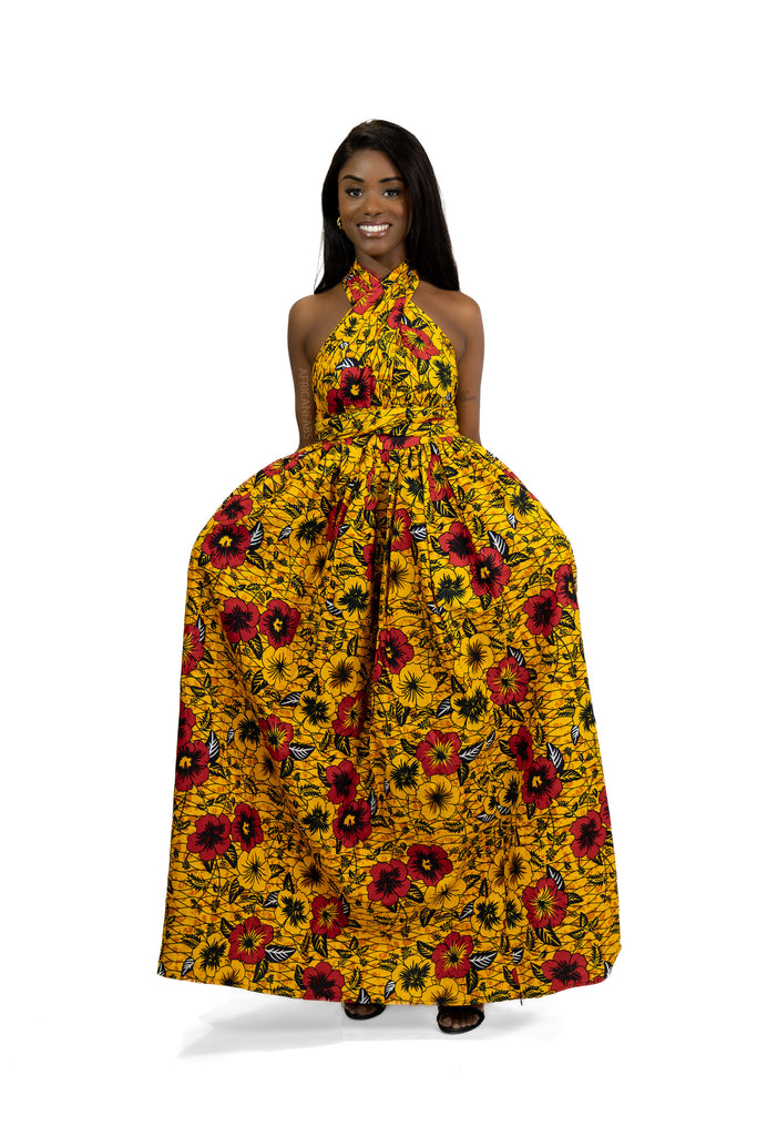 African Print Yellow Flowers Infinity Multiway Maxi Dress AfricanFabs African Print Yellow Flowers Infinity Multiway Maxi Dress AfricanFabs