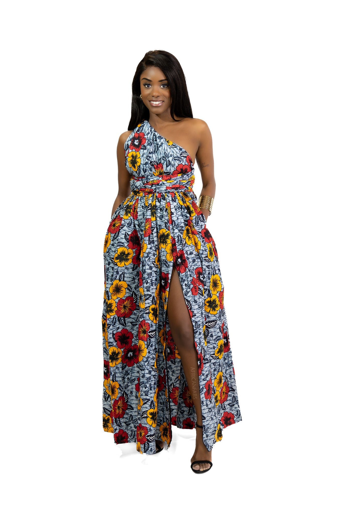 African Print Light Grey Flowers Infinity Multiway Maxi Dress African Print Light Grey Flowers Infinity Multiway Maxi Dress