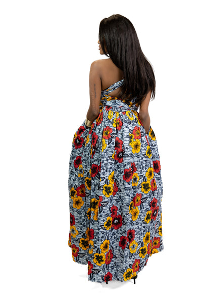 African Print Light Grey Flowers Infinity Multiway Maxi Dress