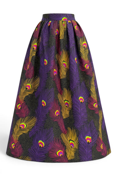 African print maxi skirt - Adjustable slit - Purple Yellow Peacock Feathers