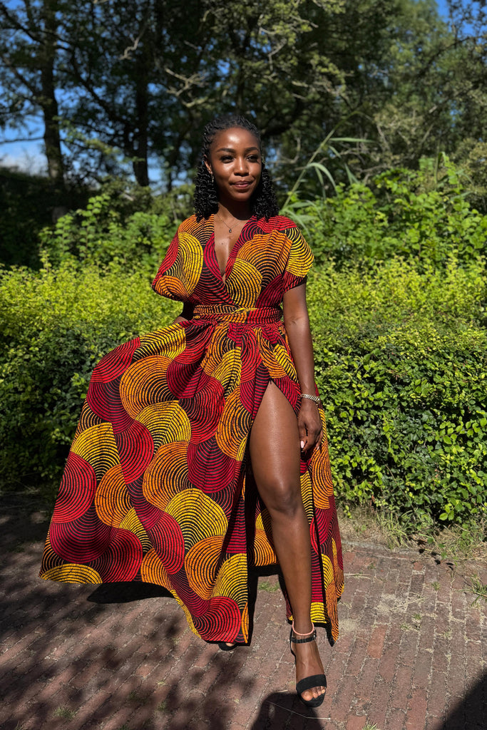 African Print Infinity Multiway Maxi Dress - Red & Yellow Concentric C AfricanFabs African Print Infinity Multiway Maxi Dress - Red & Yellow Concentric C AfricanFabs