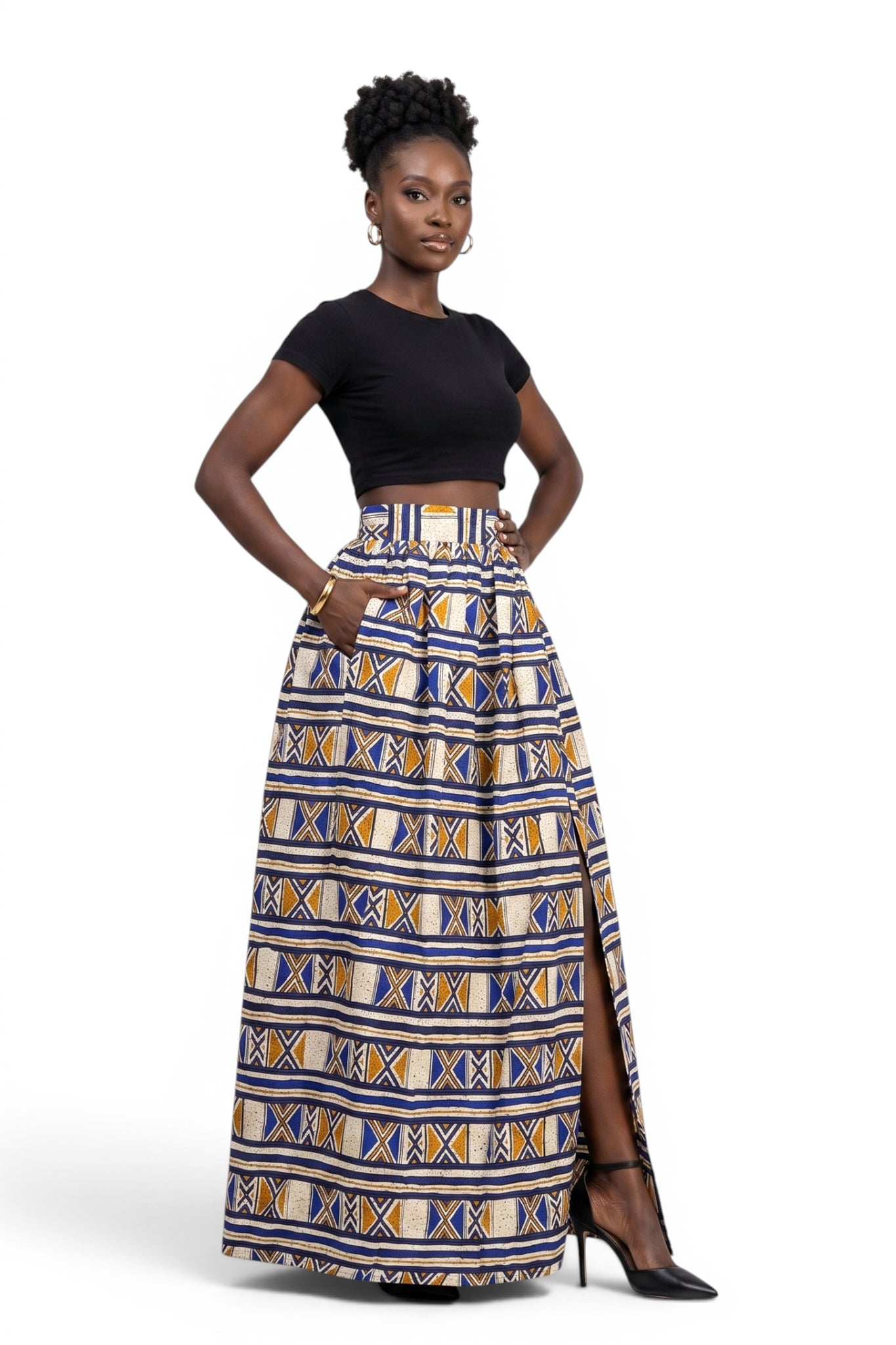 African print maxi skirt - Adjustable slit - Blue Mustard Bogolan