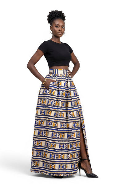 African print maxi skirt - Adjustable slit - Blue Mustard Bogolan Heritage