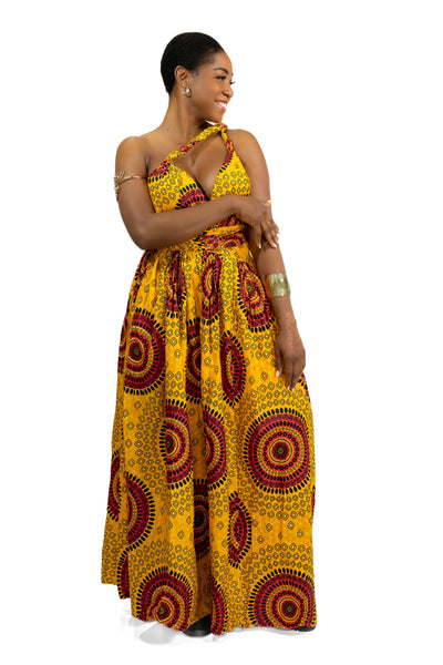 African Print Orange Dotted Patterns Infinity Multiway Maxi Dress