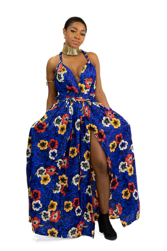 African Print Blue Flowers Infinity Multiway Maxi Dress