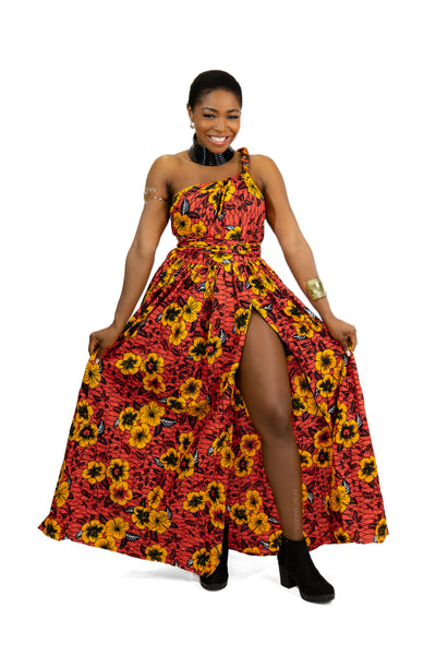 African Print Red Flowers Infinity Multiway Maxi Dress