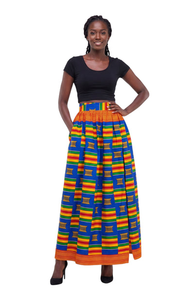 African print maxi skirt - Adjustable slit - Blue Multicolor Kente Pride