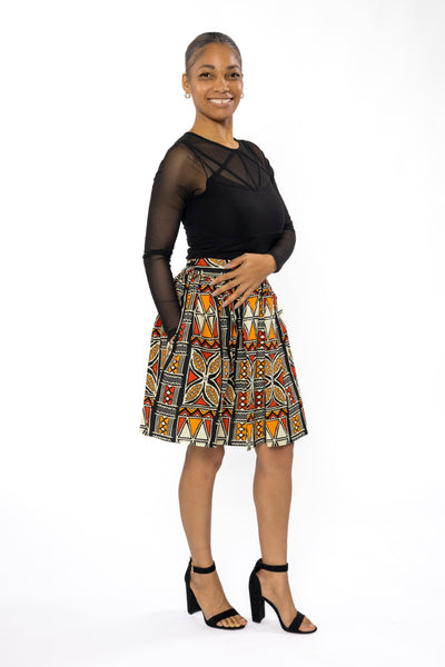 African print mini skirt - Red Orange Bogolan Symbols