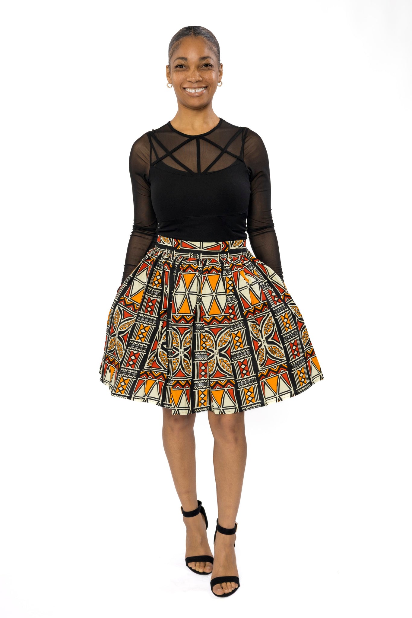 African print mini skirt - Red Orange Bogolan Symbols – AfricanFabs