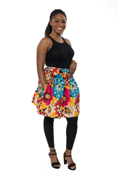 African print mini skirt - Red Blue Flowers