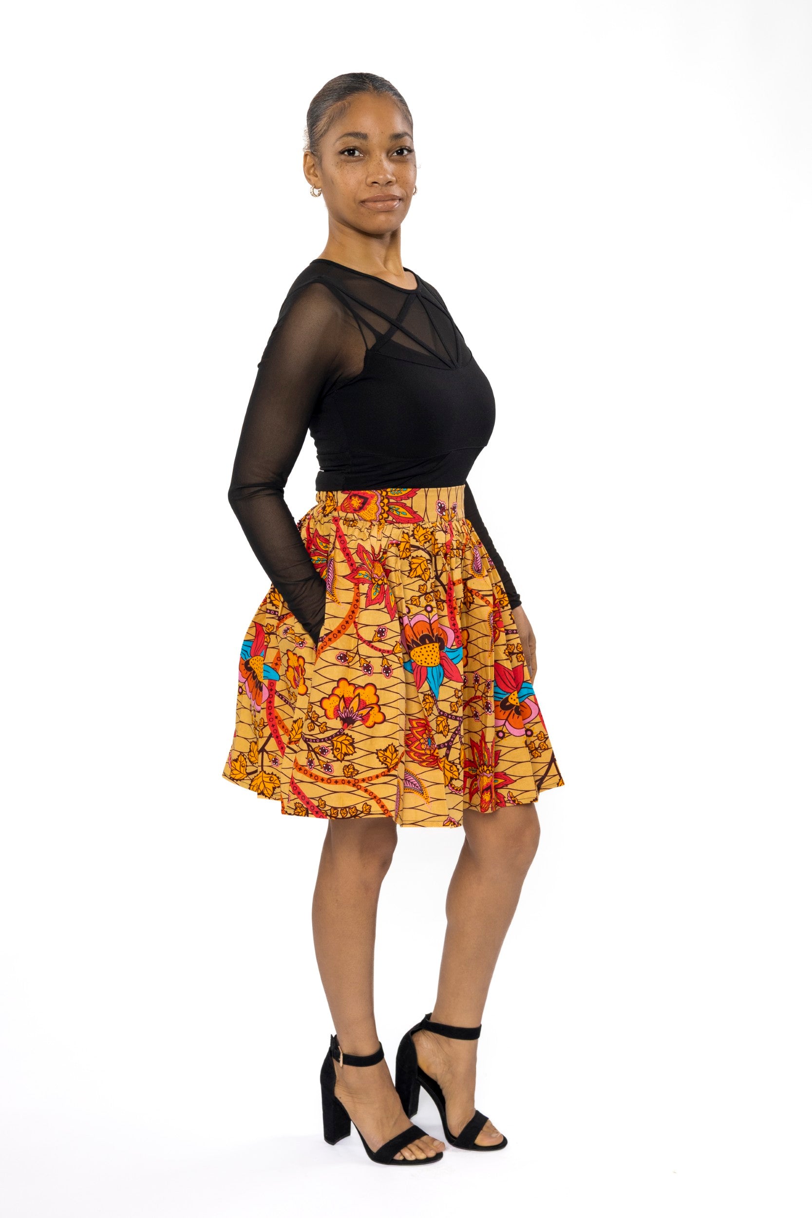 African print mini skirt - Beige Orange Botanical Flow – AfricanFabs