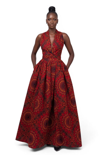 African Print Infinity Multiway Maxi Dress - Adjustable Slit - Red Sunfire Bloom