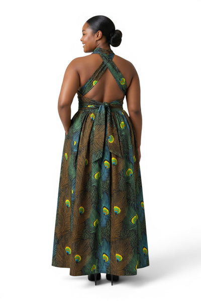 African Print Infinity Multiway Maxi Dress - Adjustable Slit - Teal Brown Peacock Majesty