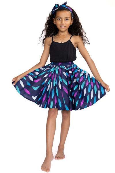 African print Kids Skirt + Headtie with Bow set - Blue sunburst ( 1 - 10 years )