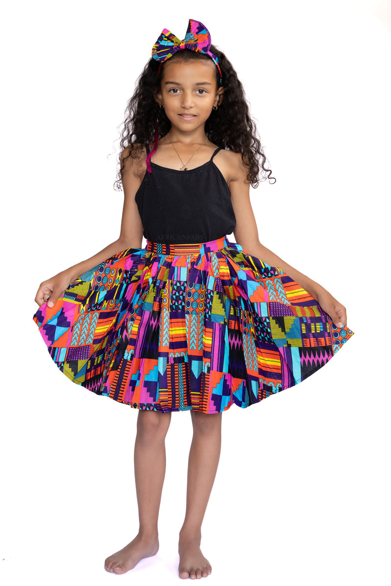 African print Kids Skirt + Headtie with Bow set - Pink Kente ( 1 - 10 ...