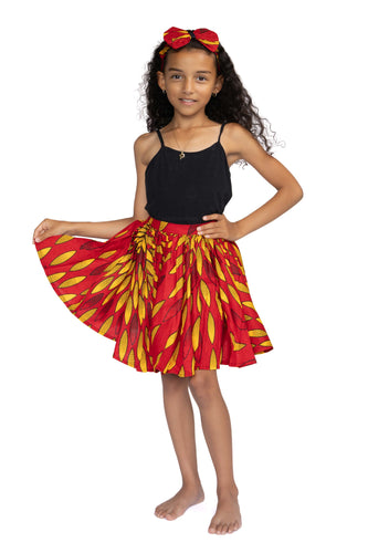 African print Kids Skirt + Headtie with Bow set - Red sunburst ( 1 - 10 years )